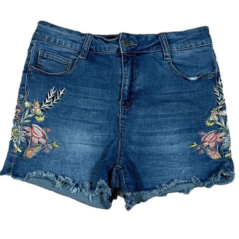 Cut Off Blue Jean Denim Shorts with Floral Embroidery and Distressed Hem